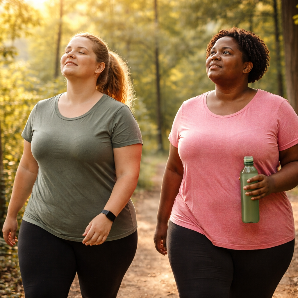 Zwei Frauen in Sportkleidung spazieren im Wald