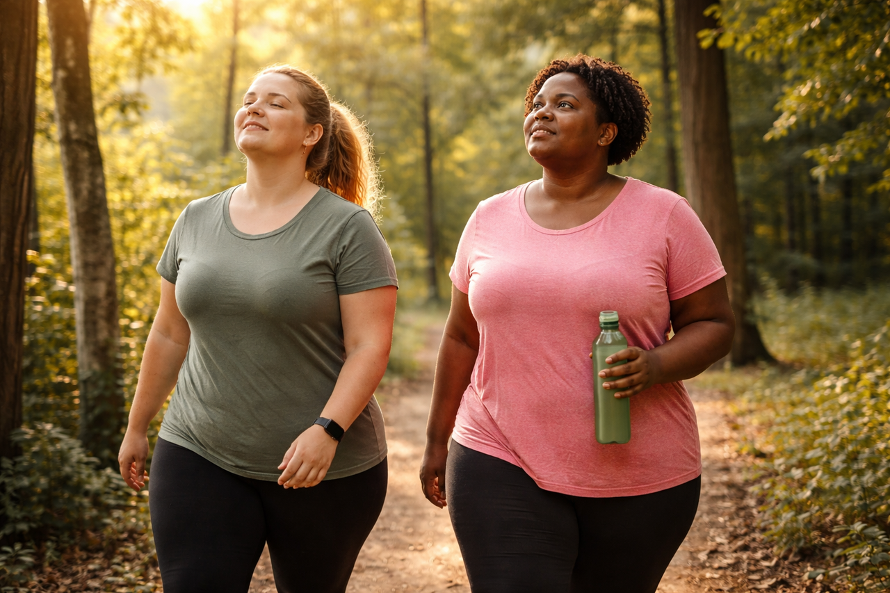 Zwei Frauen in Sportkleidung spazieren im Wald